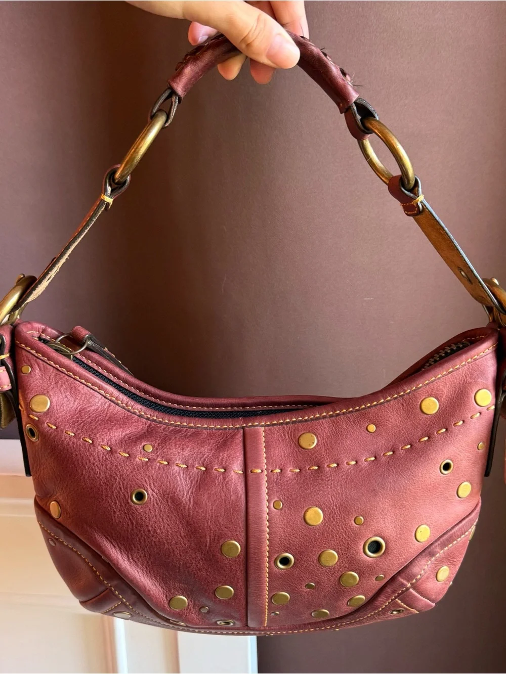 Vintage Coach red studded hobo bag with gold hardware
